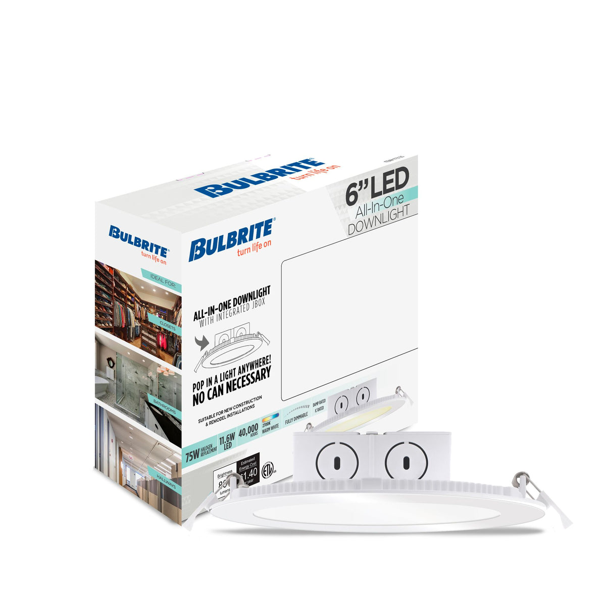 Bulbrite 6-Inch All – In – One LED Downlights with Integrated JBOX, 65W Equivalent, 2700K Warm White Light, 2-Pack