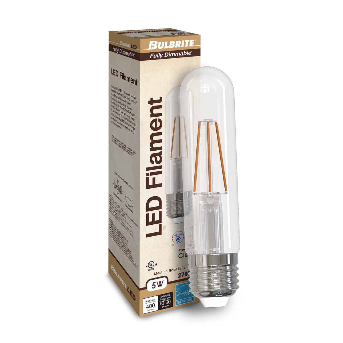 Bulbrite 5W Dimmable Clear Filament T9 E26 Medium Base LED Bulb – 400 Lumens, 2700K, and 80 CRI, 2-Pack