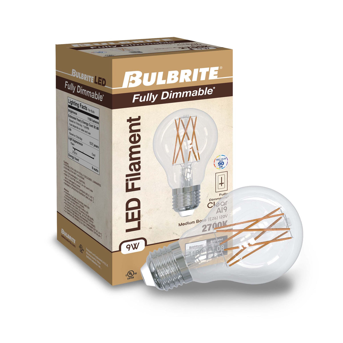 Bulbrite A19 Clear Filament LED Light Bulb, 9W, 75W Equivalent, 2700K, E26 Medium Base, Dimmable, 1100 Lumens, 2-Pack
