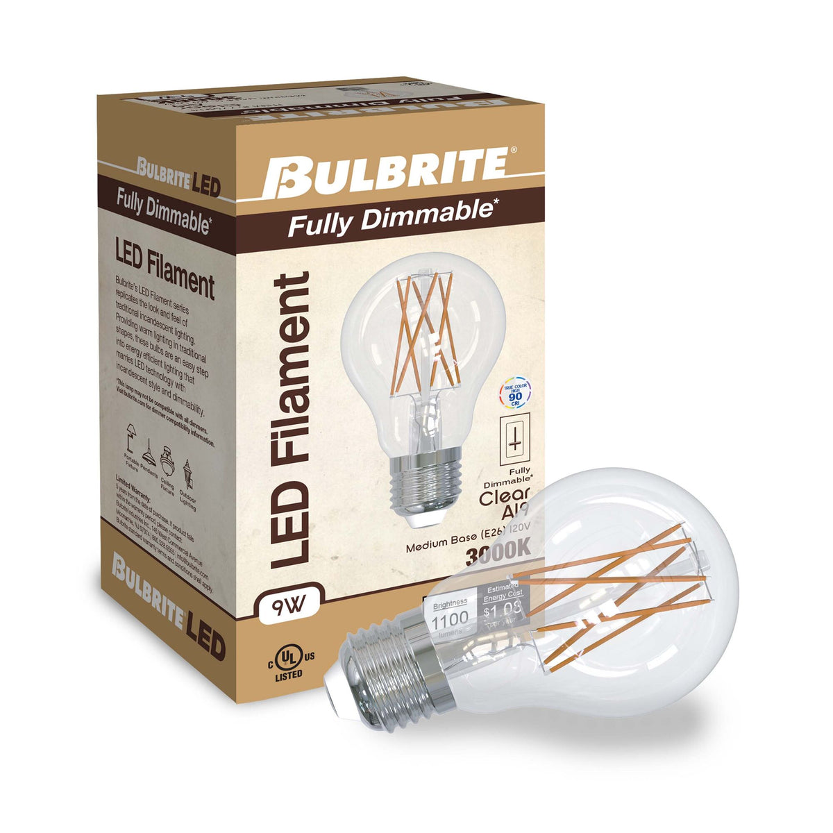 Bulbrite LED 9W Dimmable A19 Light Bulb with a Clear Finish and a Medium Screw E26 – 3000K Soft White Light 1100 lumens, 4-Pack