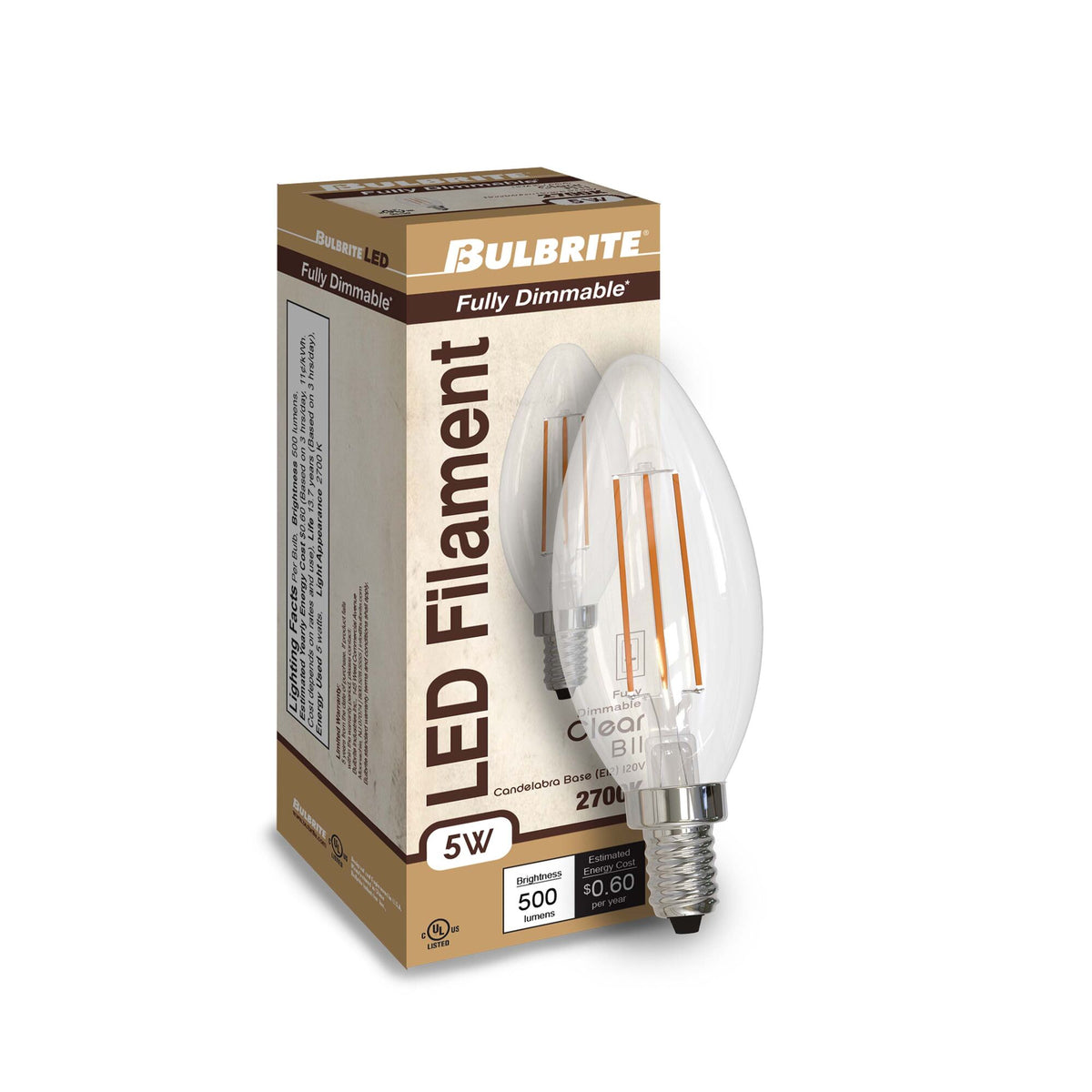Bulbrite 5W Dimmable Clear Filament B11 E12 Candelabra Base LED Bulb – 500 Lumens, 2700K, and 80 CRI, 4-Pack