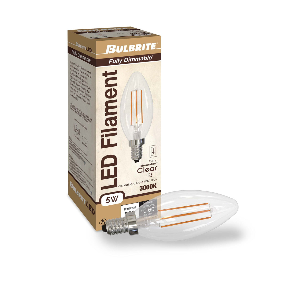 Bulbrite LED 5W Dimmable B11 Light Bulb with a Clear Finish and a Candelabra Screw E12 – 3000K Soft White Light 500 lumens, 3-Pack