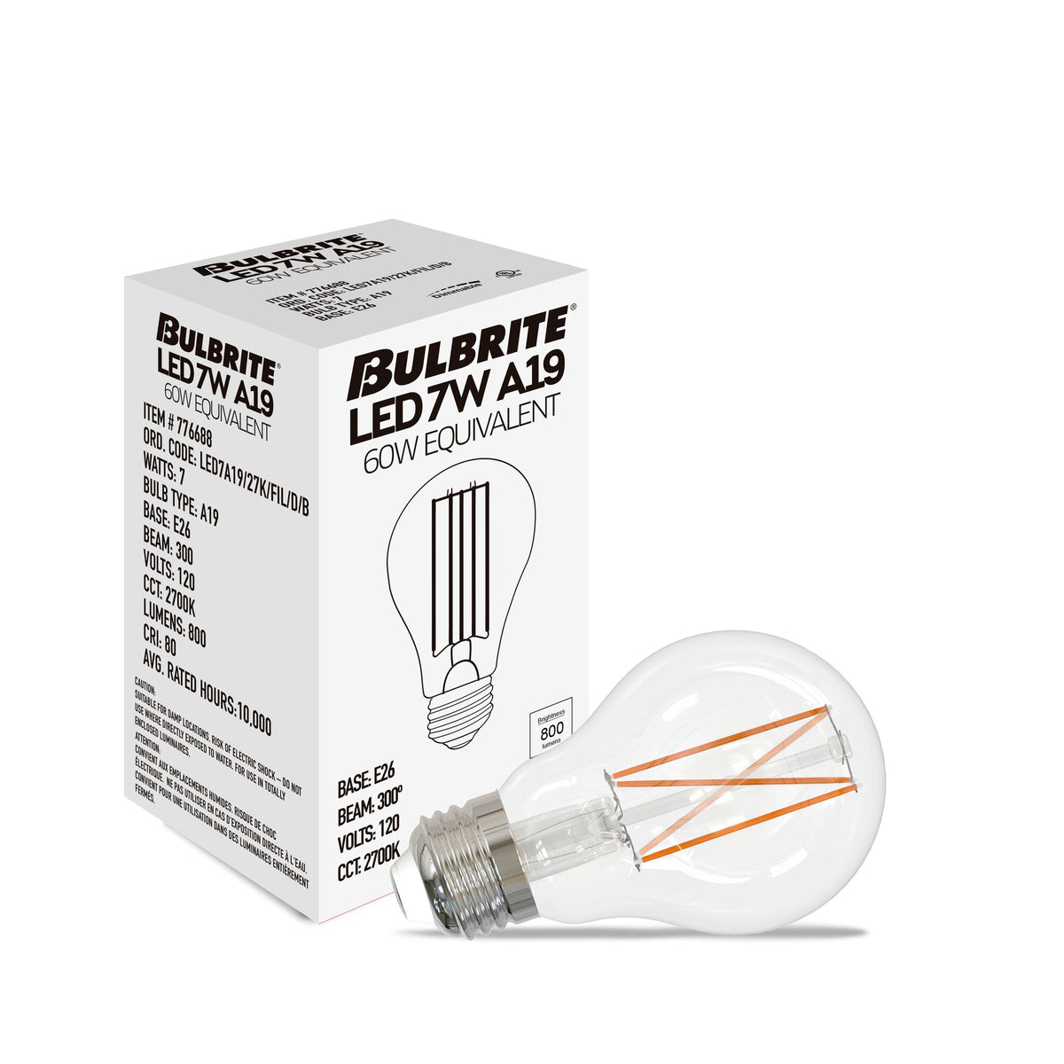 Bulbrite LED 7.6W Watt Dimmable A19 Light Bulb with a Clear Finish and a Medium Screw E26 – 2700K Warm White Light 800 lumens, 10-Pack