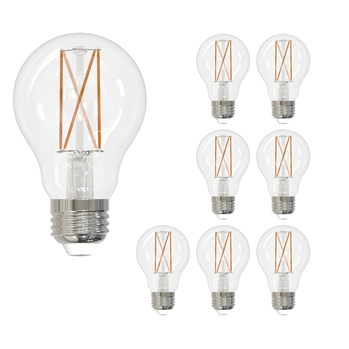 Bulbrite LED Filament Pack of 8, 7 Watt Dimmable A19 Light Bulb with Clear Finish and Medium Screw E26 Base - 3000K(Soft White Light), 800 lumens