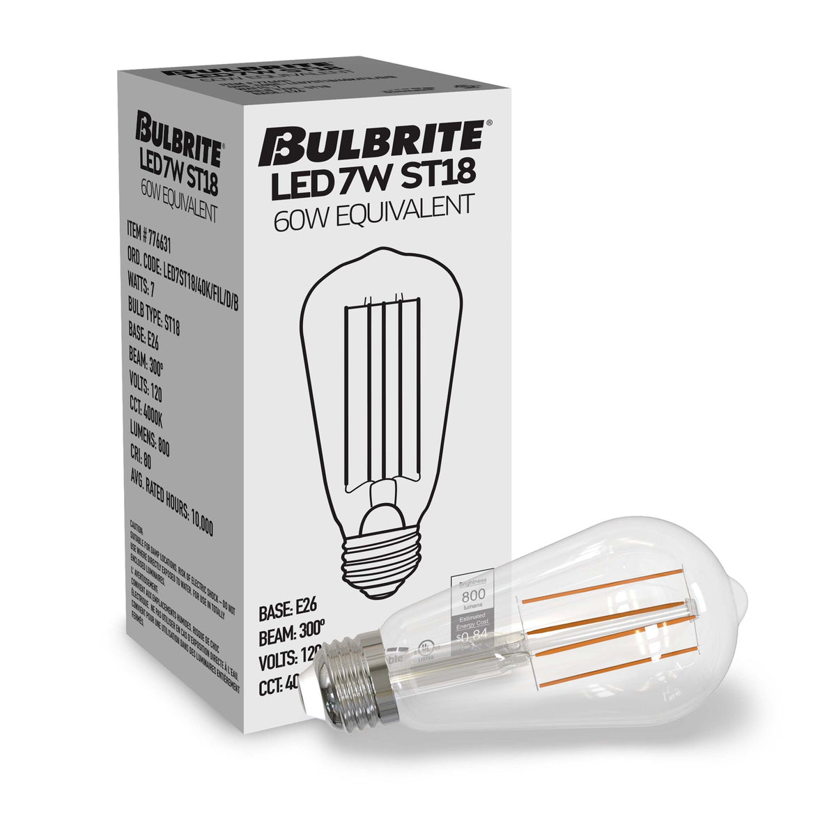 Bulbrite LED 7W Dimmable ST18 Light Bulb with a Clear Finish and a Medium Screw E26 – 4000K Cool White Light 800 lumens, 10-Pack