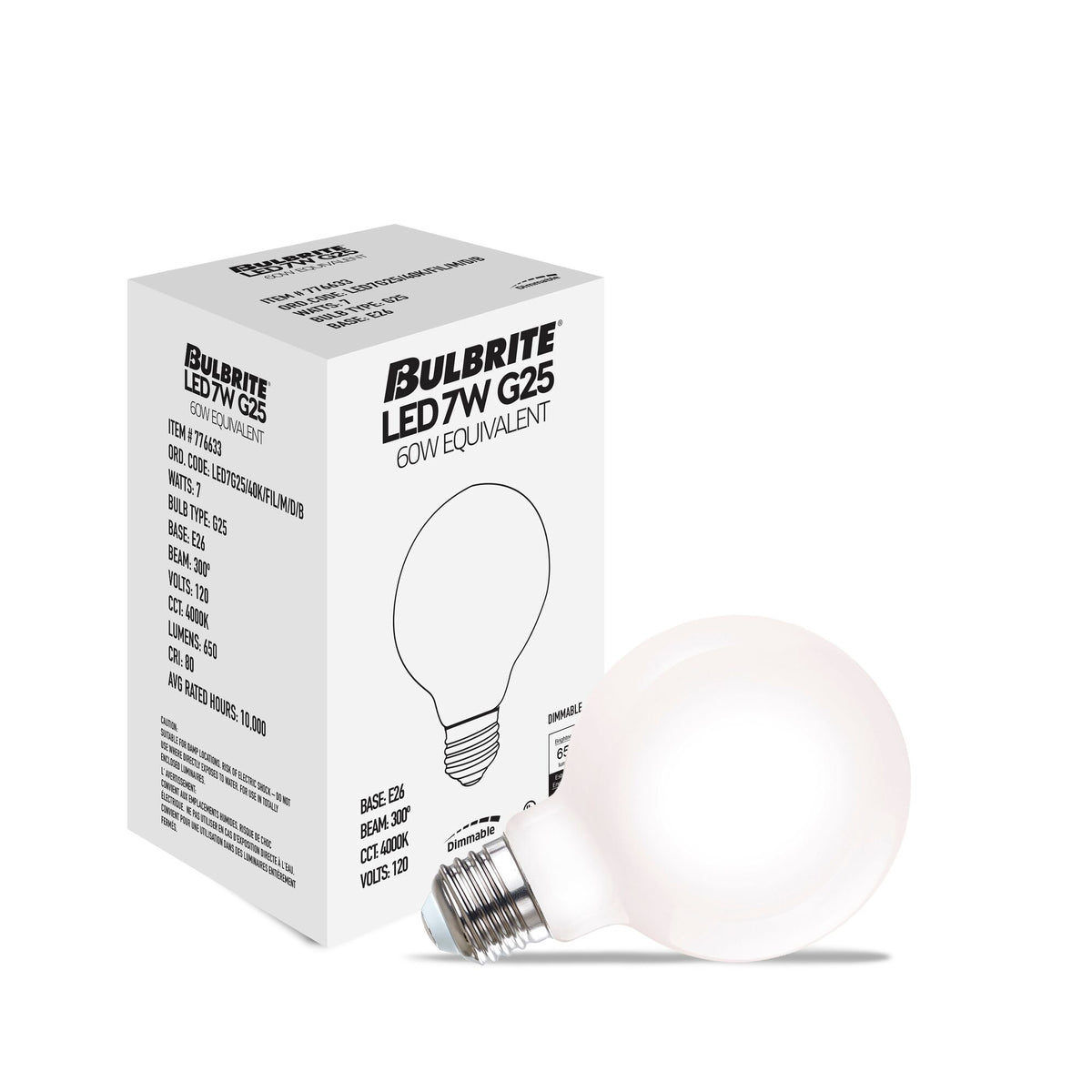 Bulbrite G25 Filament LED Light Bulb, 7W, 60W Equivalent, 4000K, E26 Base, Milky Finish, Dimmable, 8-Pack