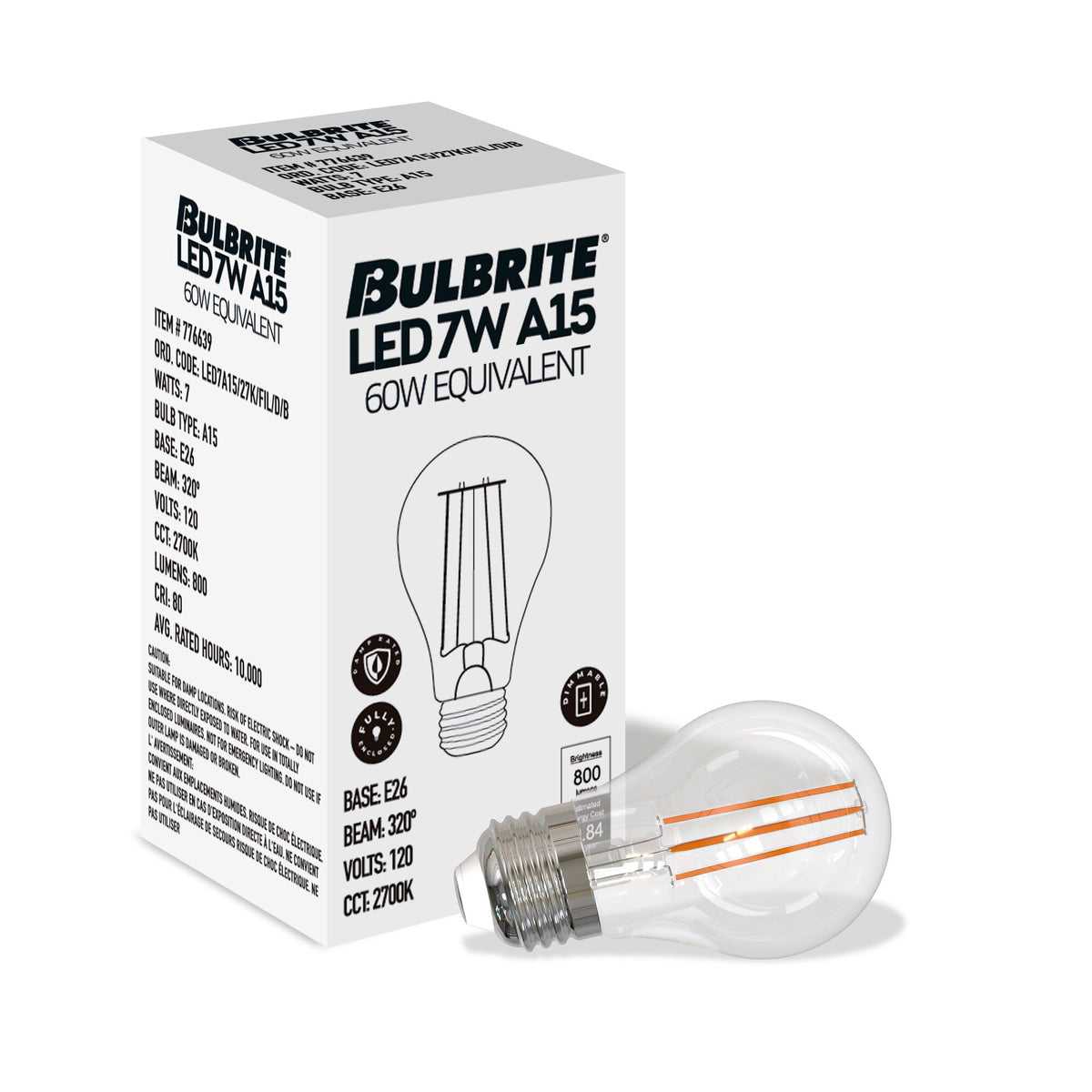 Bulbrite LED Filament 7W Dimmable A15 Light Bulb with Clear Glass Finish and E26 Medium Base – 2700K Warm White Light, 800 Lumens, 4-Pack, Clear Finish