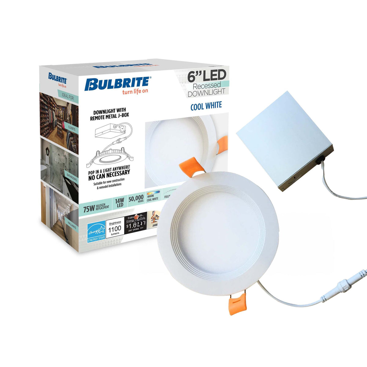 Bulbrite 6'' LED Canless Recessed Downlight, 14W, 75W Equivalent, 4000K, Hard Wired, White Finish, Dimmable, 2-Pack