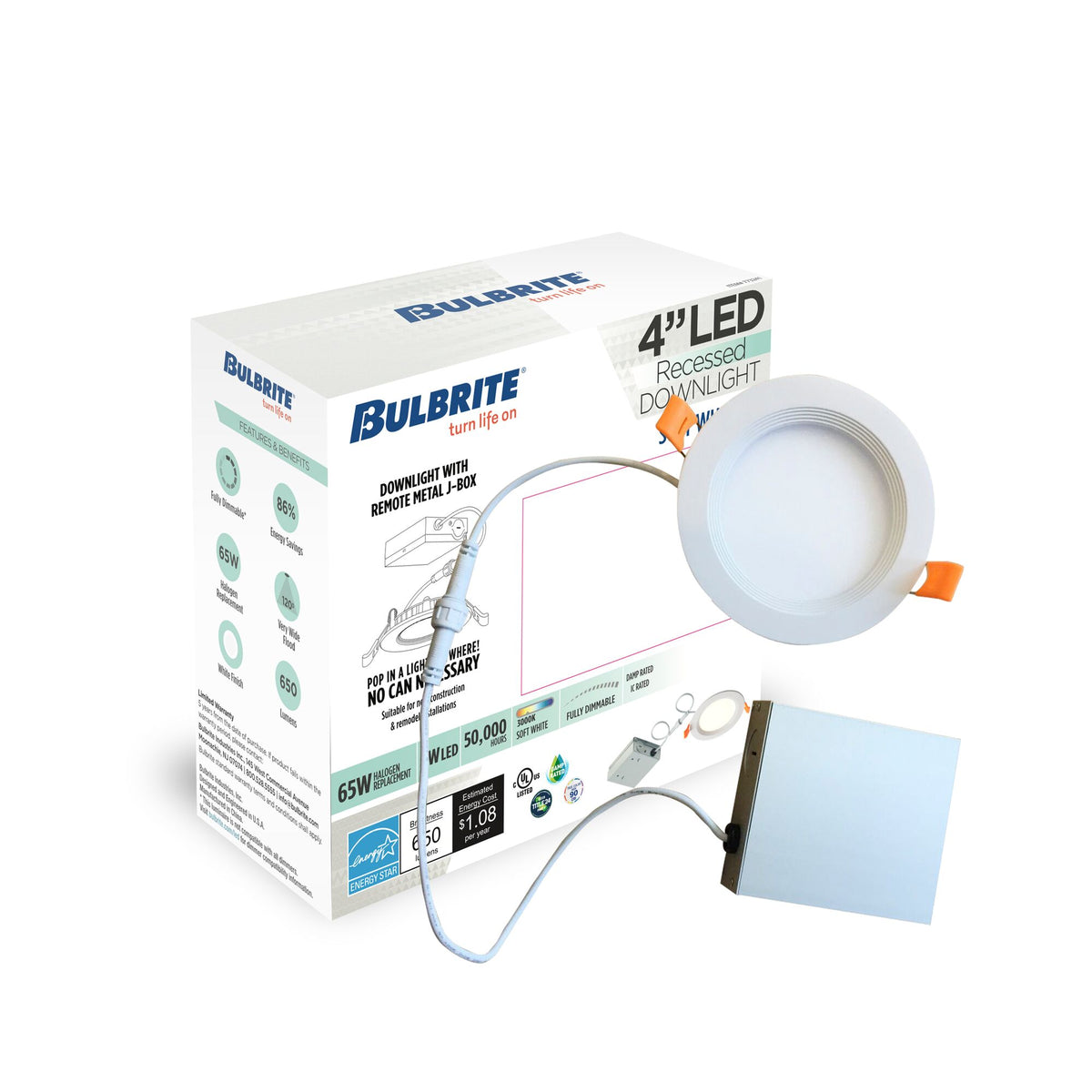 Bulbrite 4'' LED Canless Recessed Downlight, 9W, 65W Equivalent, 4000K, Hard Wired, White Finish, Dimmable, 2-Pack