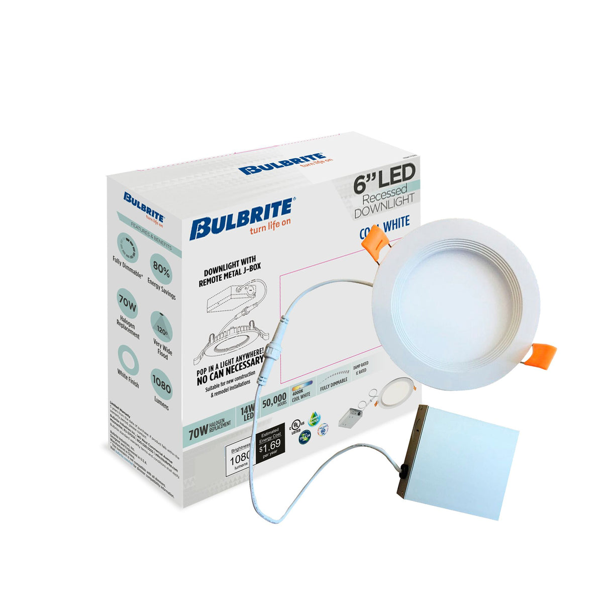 Bulbrite LED 6" Round Recessed Downlight Fixture with Metal Jbox & Baffle, 70W Equivalent, 4000K/Cool White, White Finish, 2-Pack