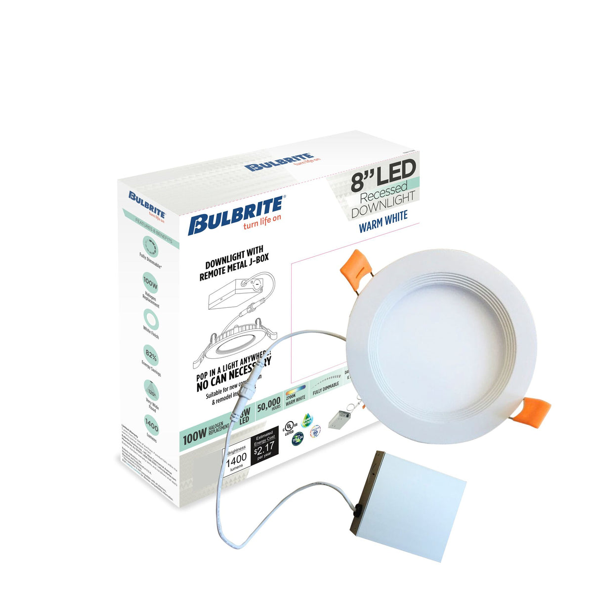 Bulbrite 8'' LED Canless Recessed Downlight, 18W, 100W Equivalent, 2700K, Hard Wired, White Finish, Dimmable, 2-Pack