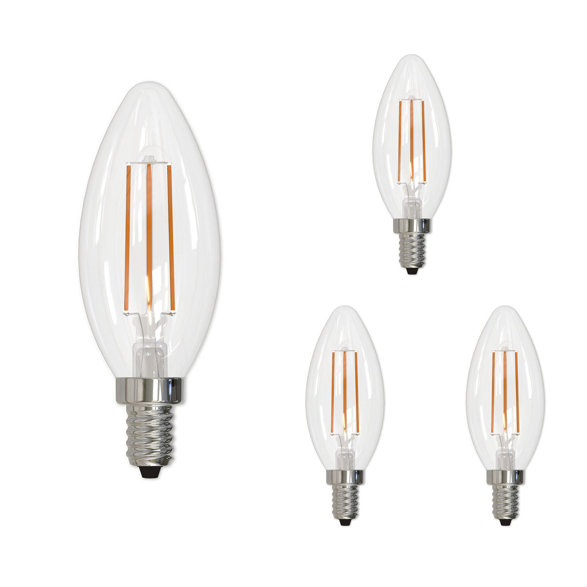 Bulbrite LED Filament Pack of (4) 5 Watt Dimmable B11 Light Bulb with Clear Glass Finish and Candelabra (E12) Base - 3000K (Soft White Light), 500 Lumens