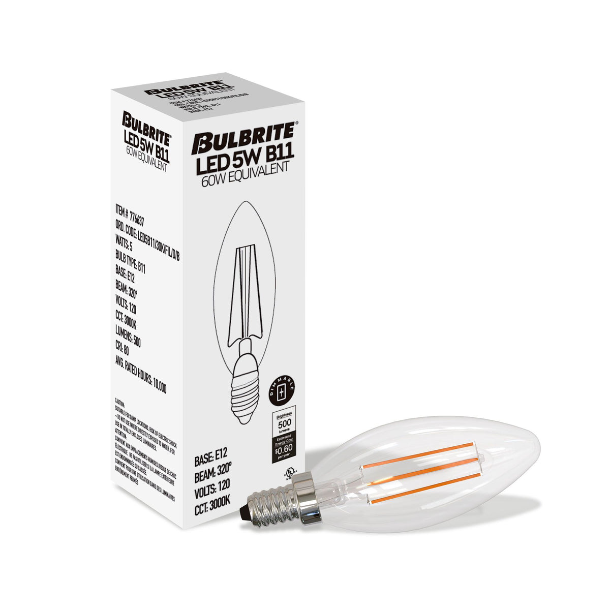 Bulbrite LED Filament 5W Dimmable B11 Light Bulb with Clear Glass Finish and E12 Candelabra Base – 3000K Soft White Light, 500 Lumens, 4-Pack