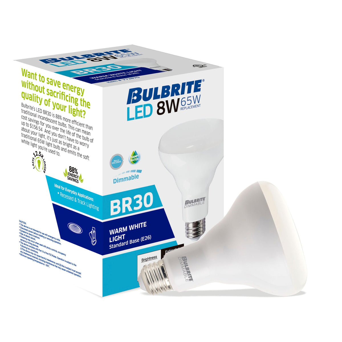 Bulbrite LED Filament 8W Dimmable BR30 Light Bulb with Frost Glass Finish and E26 Medium Base – 2700K Warm White Light, 650 Lumens, 48-Pack