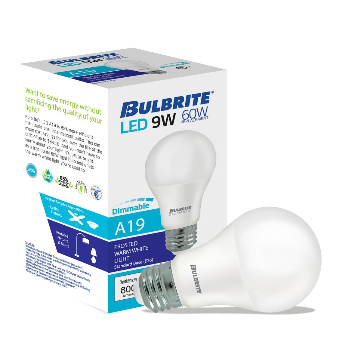 Bulbrite A19 Filament LED Light Bulb, 9W, 60W Equivalent, 2700K, E26 Base, Frost Finish, Dimmable, 8-Pack