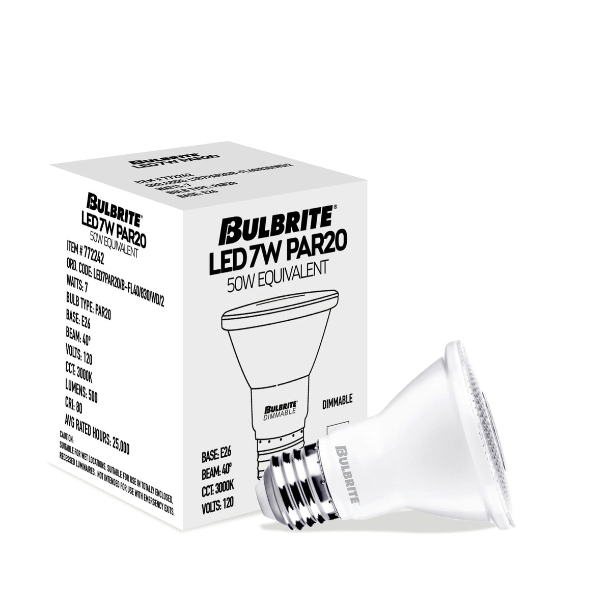 Bulbrite 7W Dimmable Flood PAR20 E26 Medium Base LED Light Bulb – 3000K Soft White Light, 500 Lumens, 4-Pack
