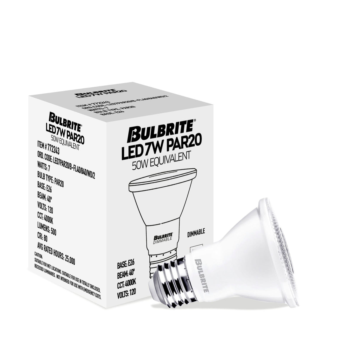 Bulbrite 7W Dimmable Flood PAR20 E26 Medium Base LED Light Bulb – 4000K Cool White Light, 500 Lumens, 4-Pack