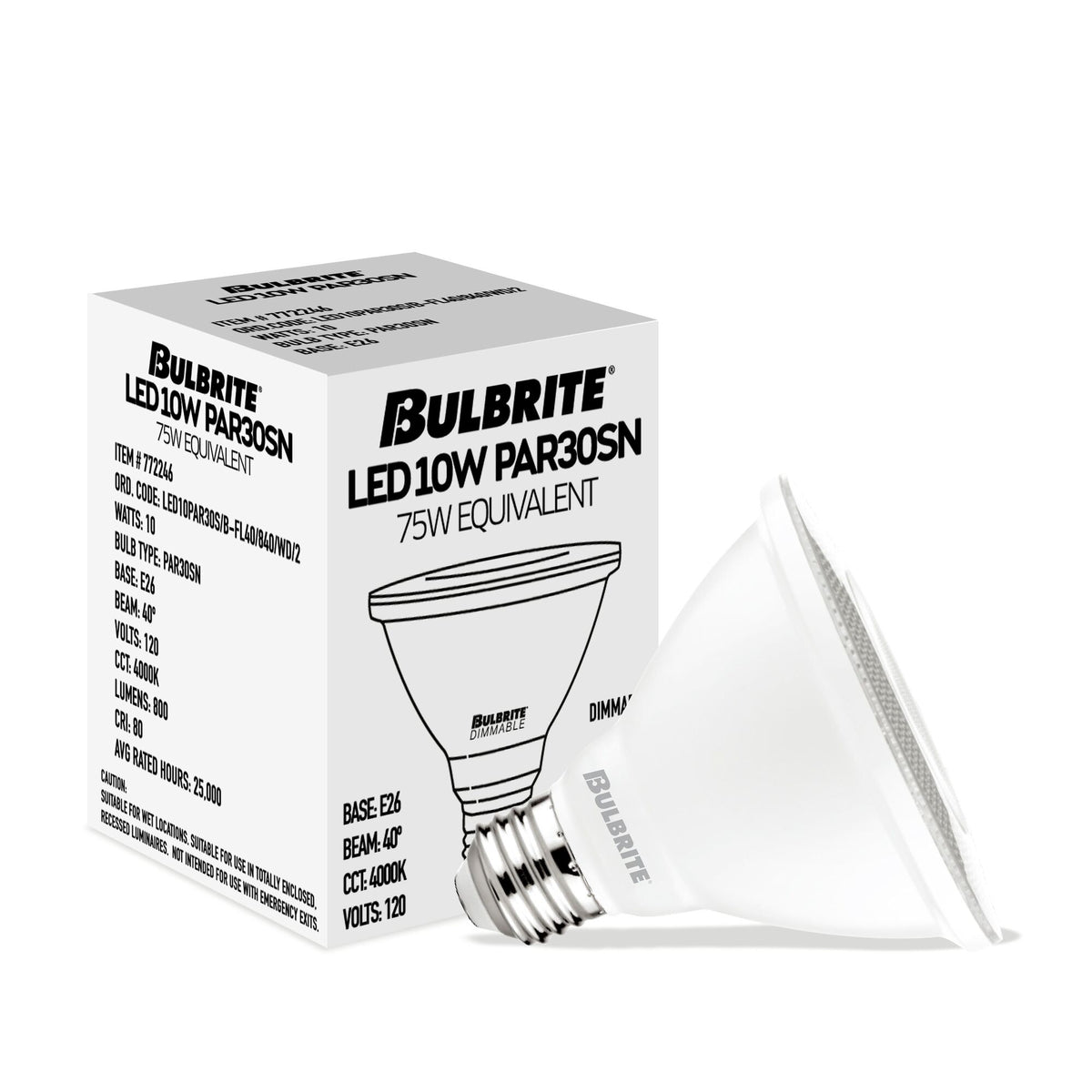 Bulbrite 10W Dimmable Flood PAR30 Short Neck E26 Medium Base LED Light Bulb – 4000K Cool White Light, 800 Lumens, 4-Pack