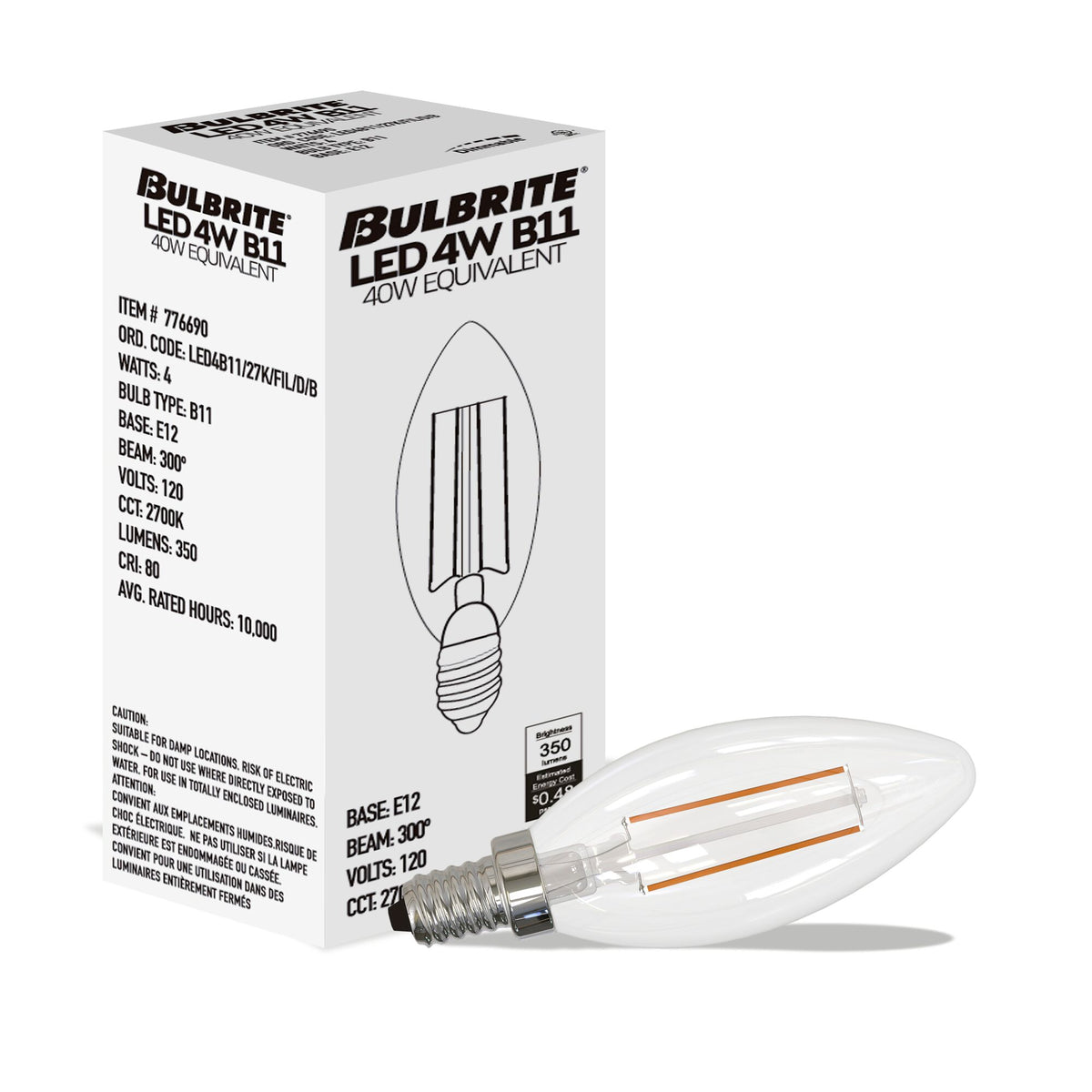 Bulbrite LED Filament 4W Dimmable B11 Light Bulb with Clear Glass Finish and E12 Candelabra Base – 2700K Warm White Light, 350 Lumens, 24-Pack