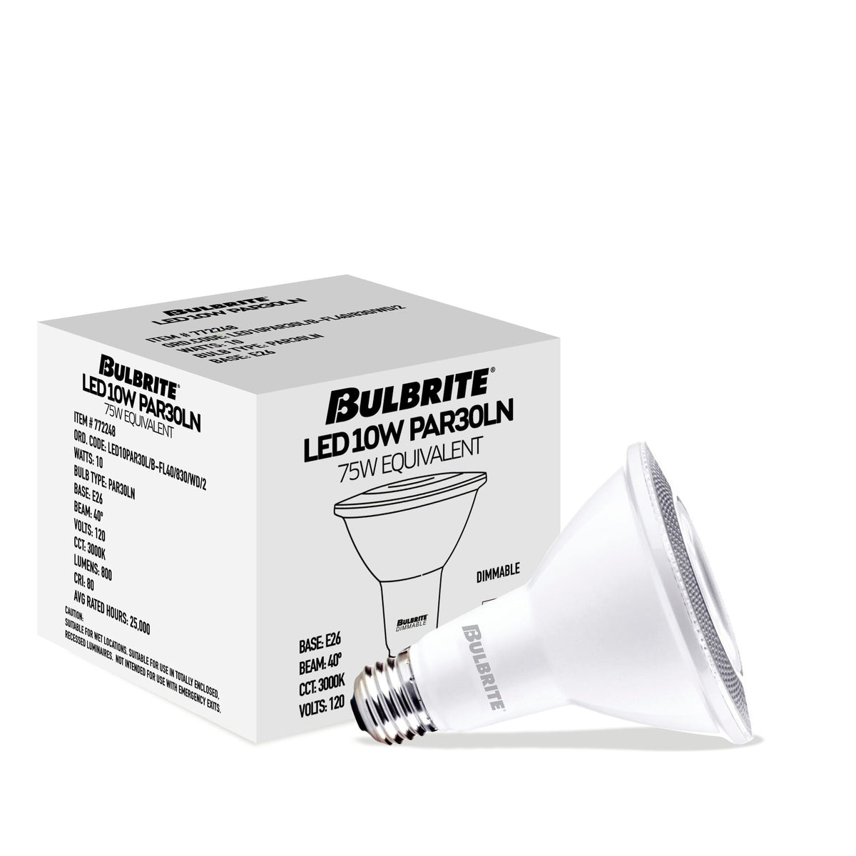 Bulbrite 10W Dimmable Flood PAR30 Long Neck E26 Medium Base LED Light Bulb – 3000K Soft White Light, 800 Lumens, 4-Pack