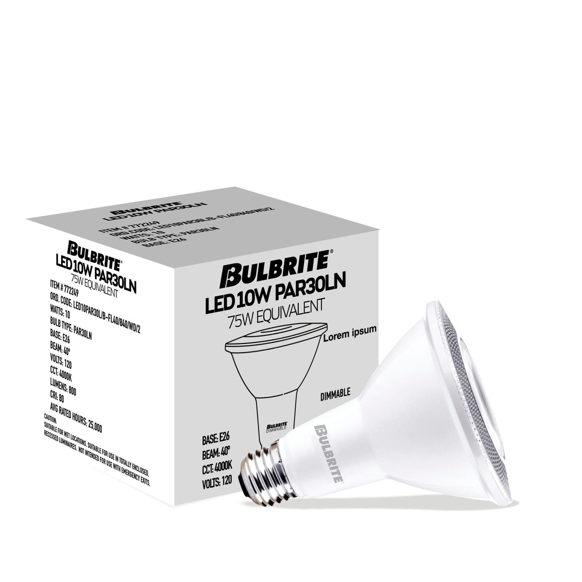 Bulbrite 10W Dimmable Flood PAR30 Long Neck E26 Medium Base LED Light Bulb – 4000K Cool White Light, 800 Lumens, 4-Pack