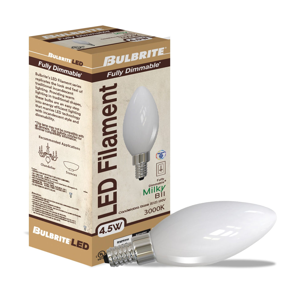 Bulbrite LED Filament 4.5W Dimmable B11 Light Bulb with Milky Glass Finish and E12 Candelabra Base – 3000K Soft White Light, 400 Lumens, 24-Pack