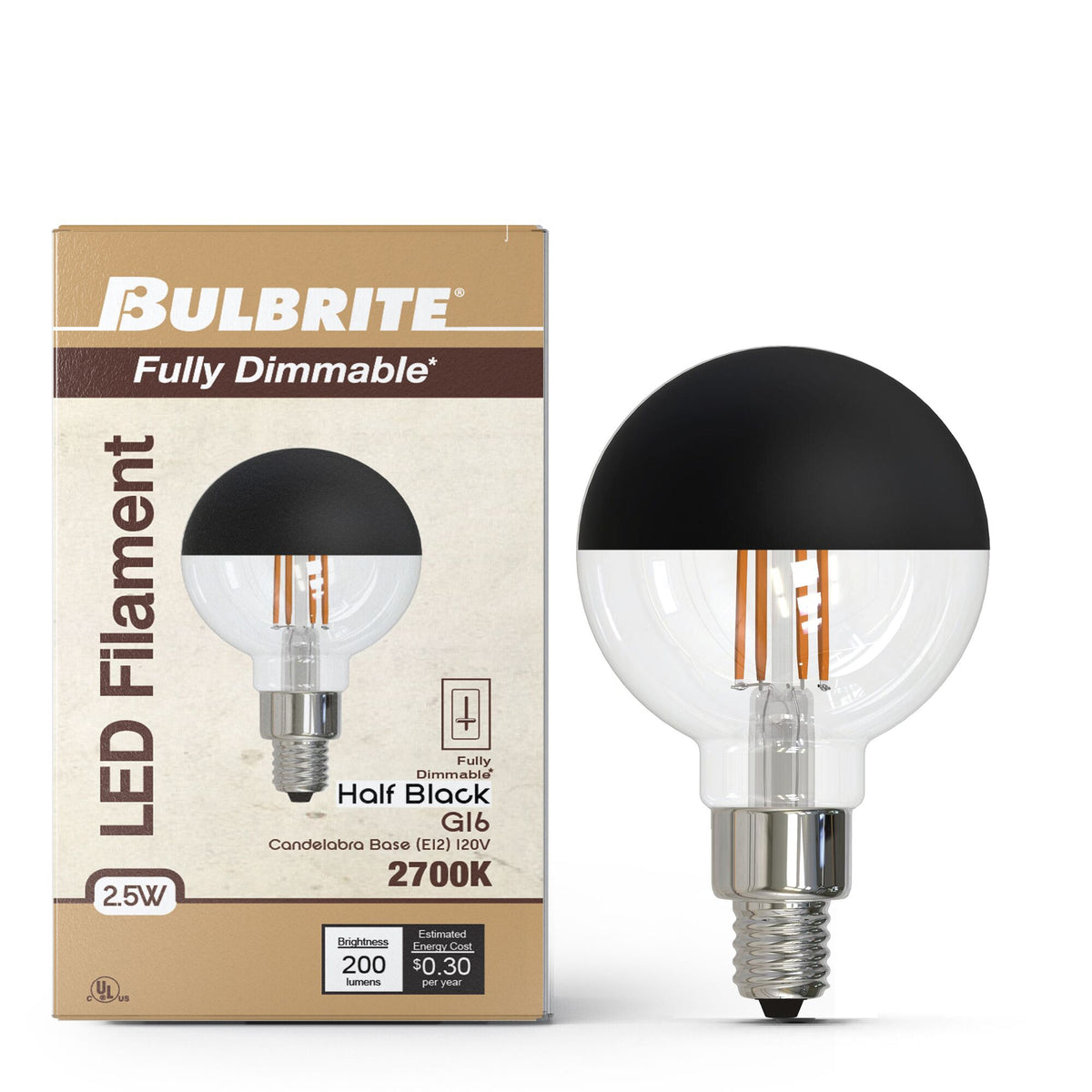 Bulbrite LED Filament 5W Dimmable G25 Light Bulb with Half Black Glass Finish and E26 Medium Base – 2700K Warm White Light, 400 Lumens, 4-Pack