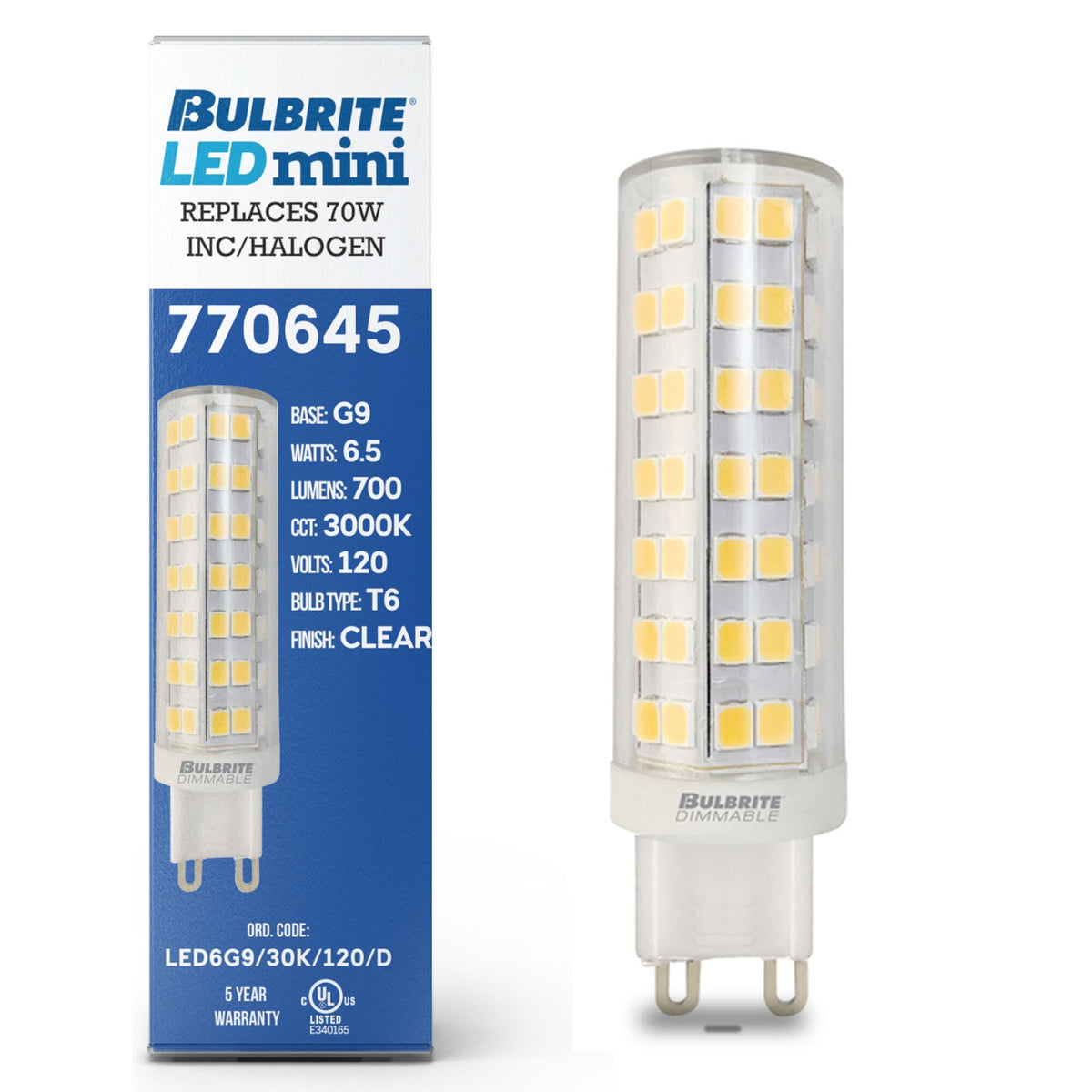 Bulbrite T6 Miniature LED Light Bulb, 6.5W, 70W Equivalent, 3000K, G9 Base, Clear Finish, Dimmable, 2-Pack