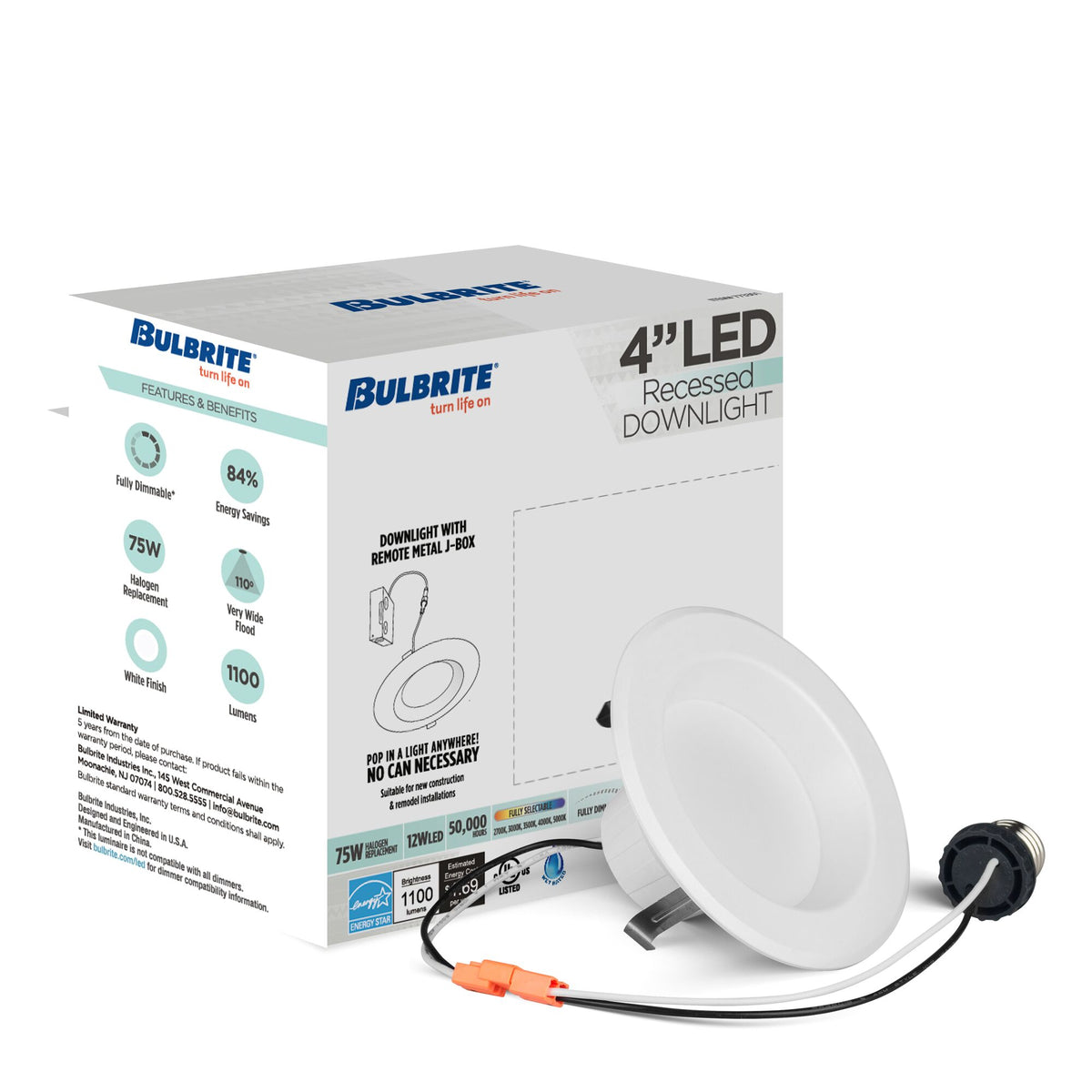Bulbrite 12W 4" Integrated LED Recessed Downlight with E26 Quick Connect Adapter, 5CCT – 27/30/35/40/50K, 1100 Lumens, 4-Pack