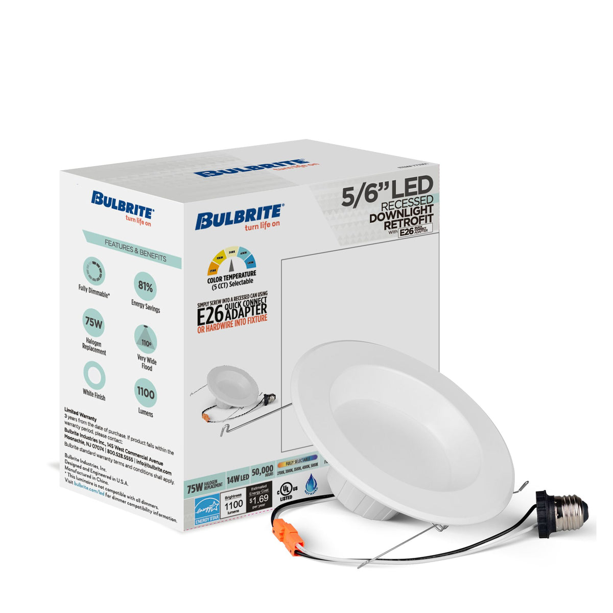 Bulbrite 14W Adjustable 5/6" Integrated LED Recessed Downlight with E26 Quick Connect Adapter, 5CCT – 27/30/35/40/50K, 1100 Lumens, 4-Pack