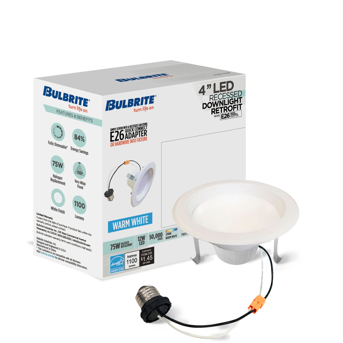 Bulbrite 12W 4" Integrated LED Recessed Downlight with E26 Quick Connect Adapter, 2700K Warm White Light, 1100 Lumens, 4-Pack