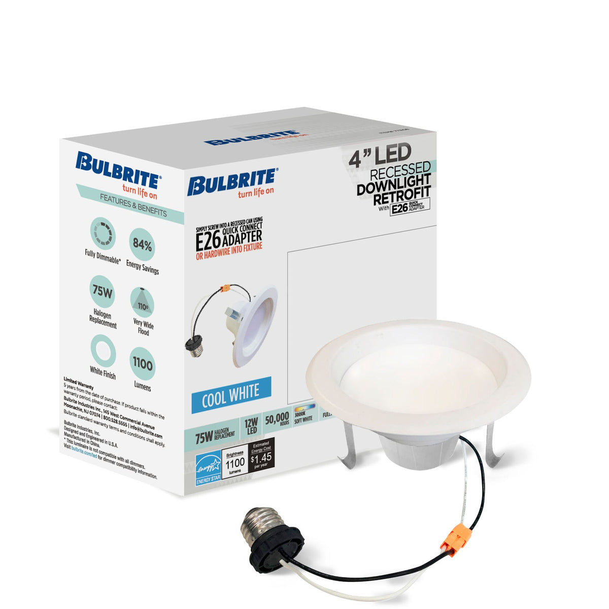 Bulbrite 12W 4" Integrated LED Recessed Downlight with E26 Quick Connect Adapter, 4000K Cool White Light, 1100 Lumens, 4-Pack