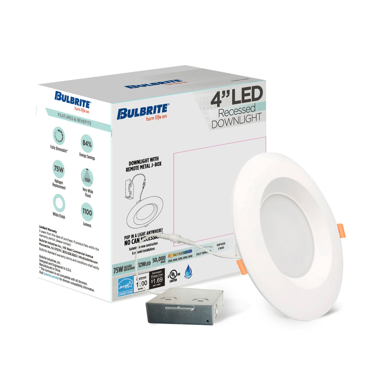 Bulbrite 12W LED 4" Round Recessed Downlight Fixture with Metal J – Box, 5CCT – 27/30/35/40/50K, 1100 Lumens, 4-Pack