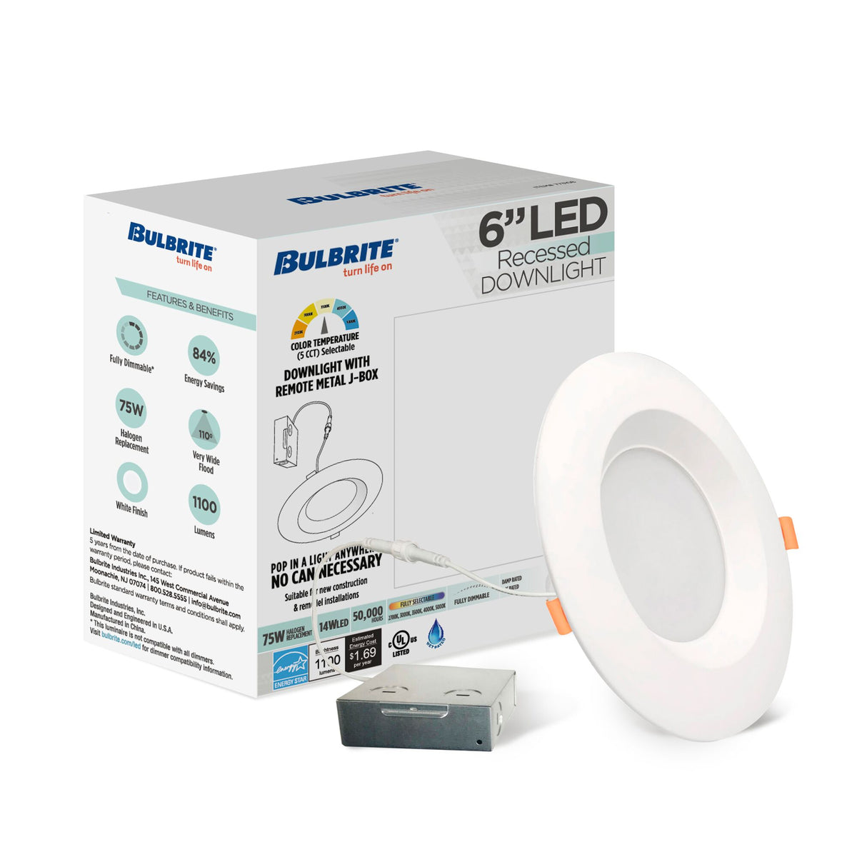 Bulbrite 14W LED 6" Round Recessed Downlight Fixture with Metal J – Box, 5CCT – 27/30/35/40/50K, 1100 Lumens, 4-Pack