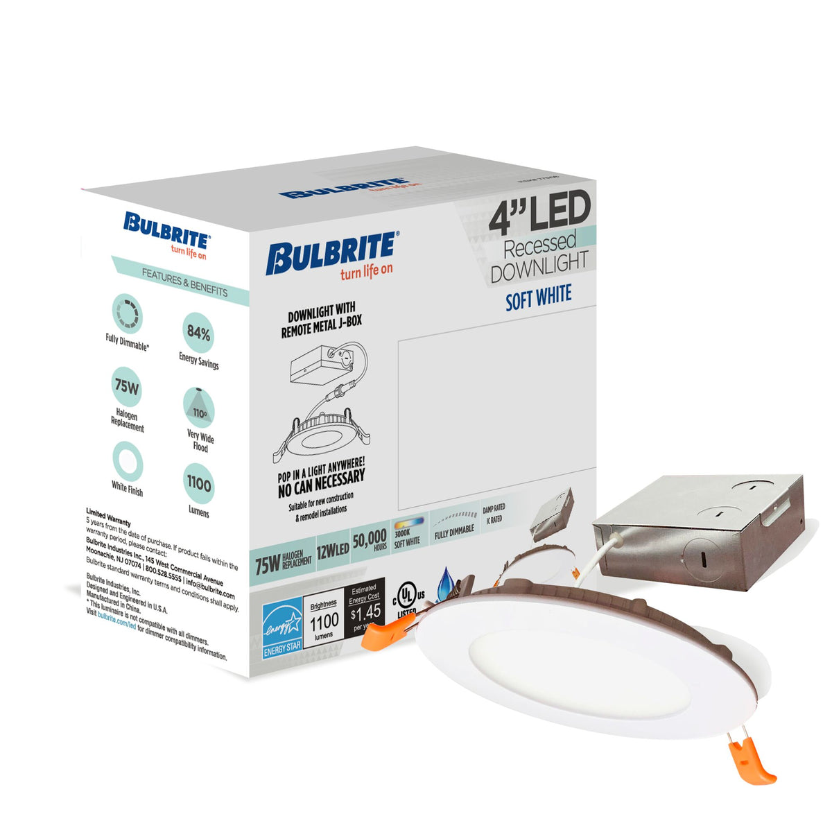 Bulbrite 12W LED 4" Round Recessed Downlight Fixture with Metal J – Box, 3000 Warm Soft Light, 1100 Lumens, 4-Pack