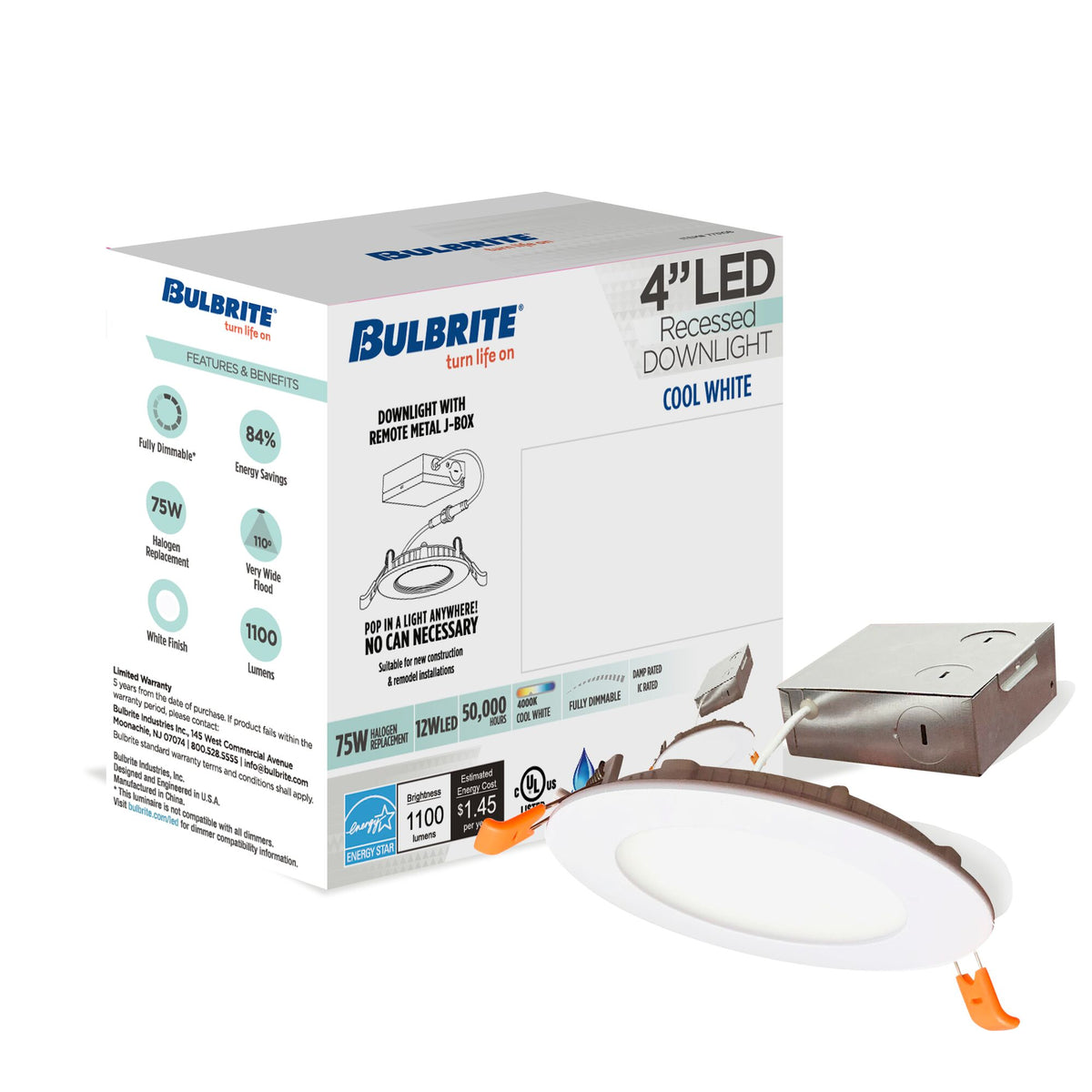 Bulbrite 12W LED 4" Round Recessed Downlight Fixture with Metal J – Box, 4000 Cool White Light, 1100 Lumens, 4-Pack