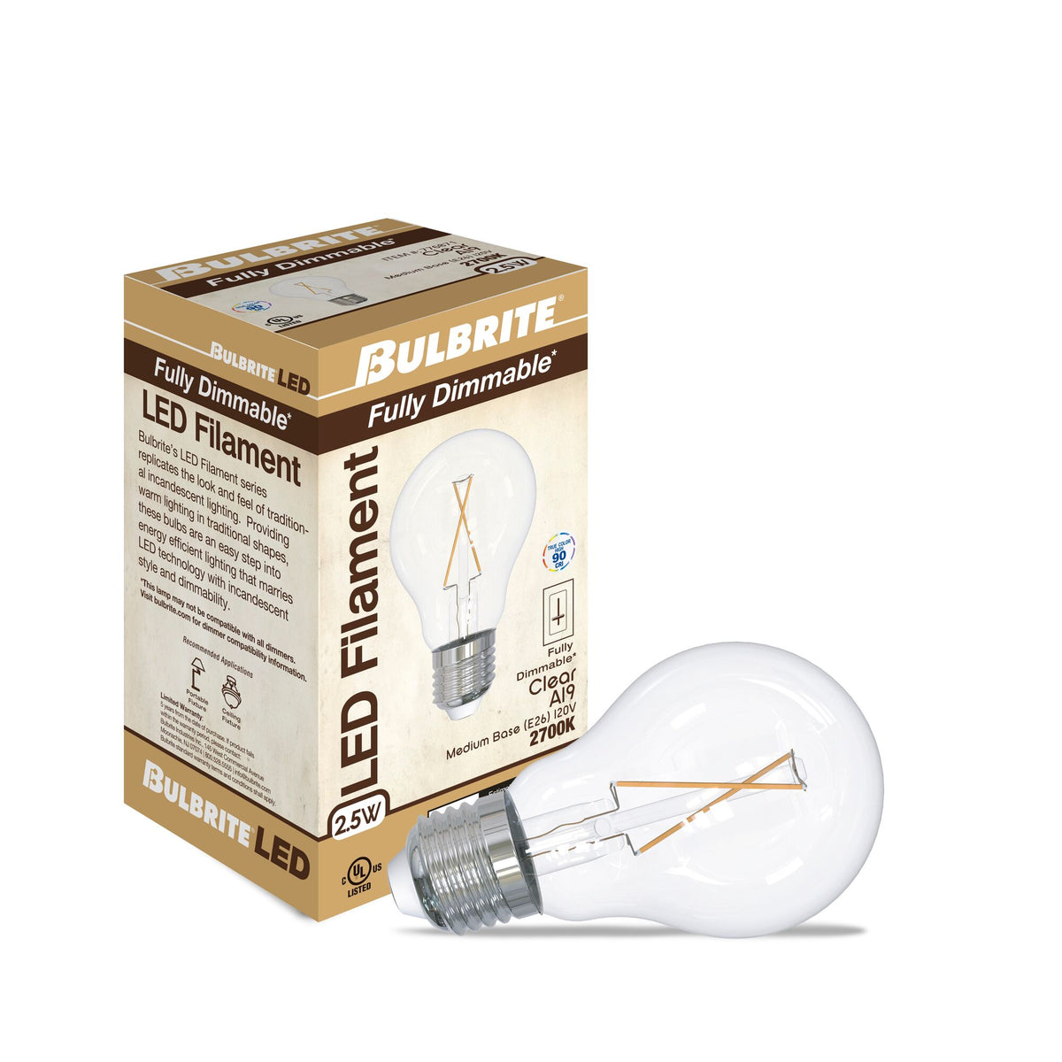 Bulbrite 6-Pack 2.5 – Watt A19 E26 Medium Base LED Bulb with Vintage Spiral Filaments, Clear, 2700K, 100 Lumens