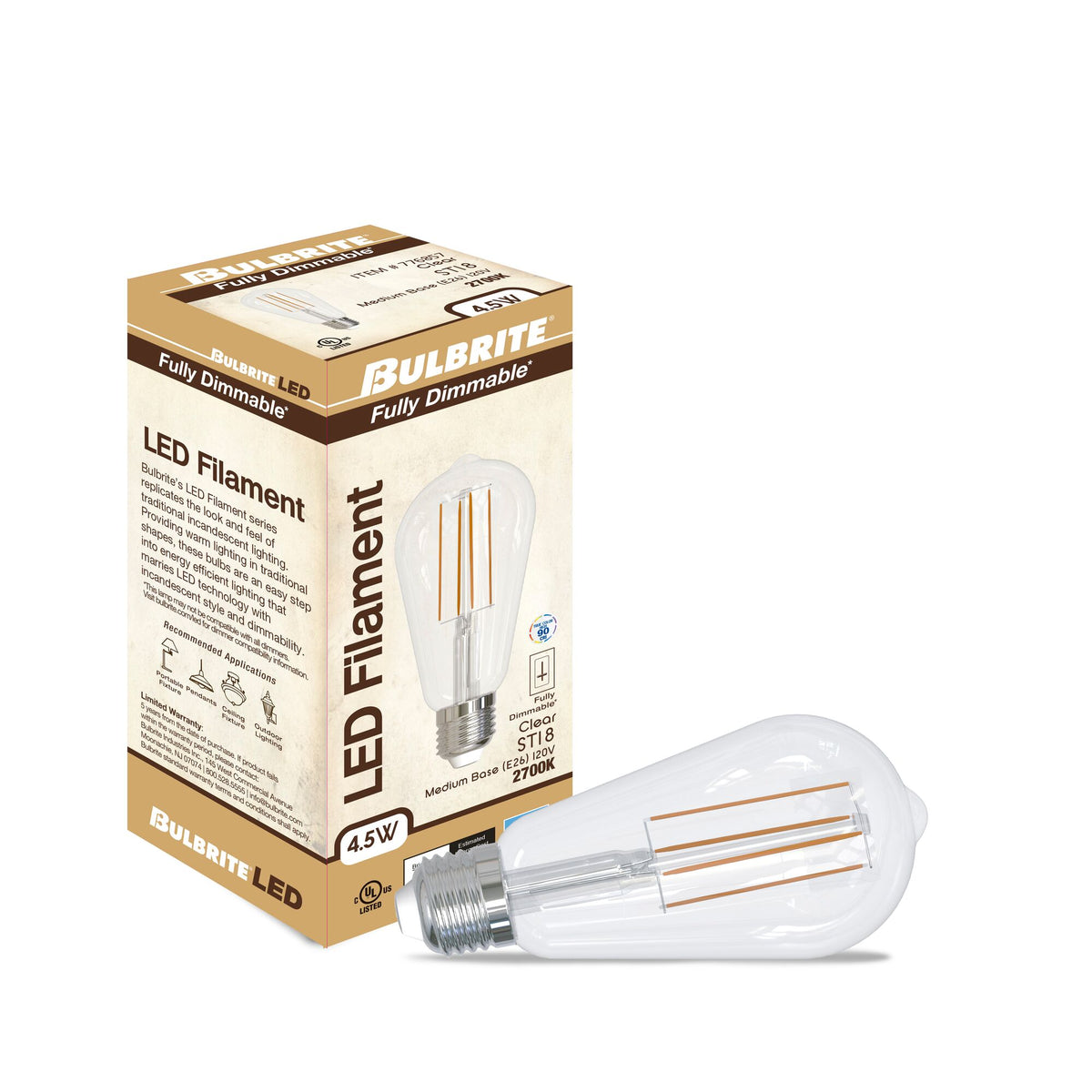 Bulbrite 4.5W Dimmable Clear Filament ST18 E26 Medium Base LED Light Bulb – 450 Lumens, 2700K, 4-Pack