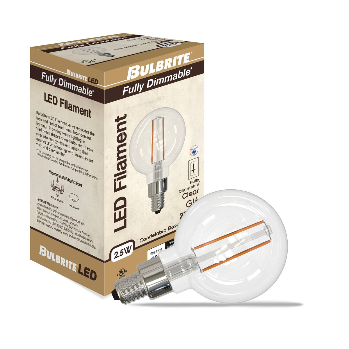 Bulbrite 2.5W Dimmable Clear Filament G16 E12 Candelabra Base LED Light Bulb – 250 Lumens, 2700K, 4-Pack