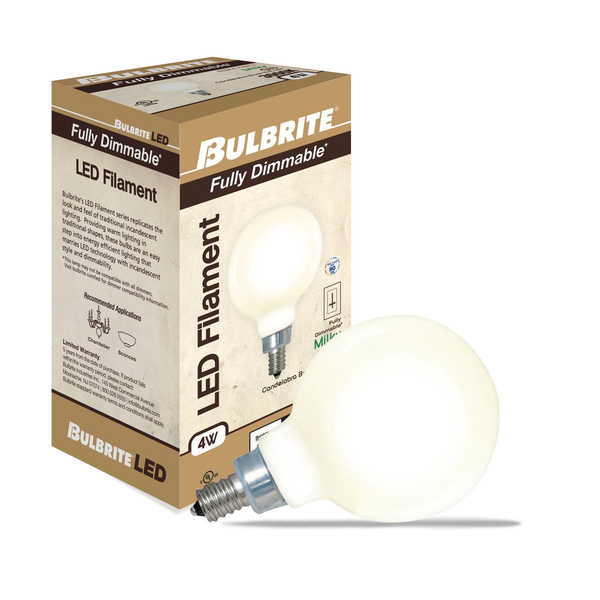Bulbrite LED Filament 4W Dimmable G16 Light Bulbs with Milky Finish and E12 Candelabra Base – 3000K Soft White Light, 360 Lumens, 4-Pack