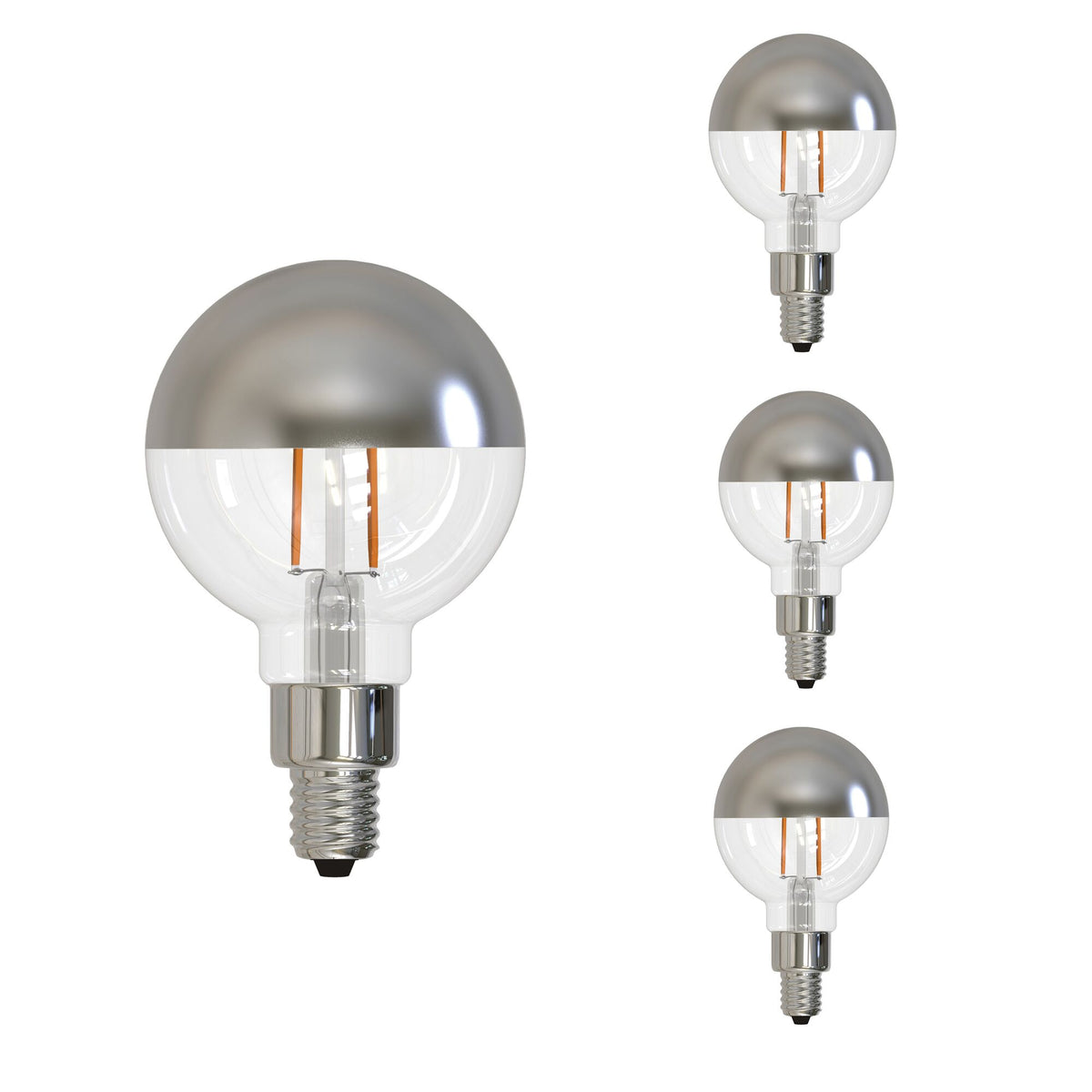 Bulbrite LED Filament Pack of (4) 2.5 Watt Dimmable G16 Light Bulb with a Half Mirror Finish and Candelabra Screw (E12) Base - 2700K (Warm White Light), 200 Lumens
