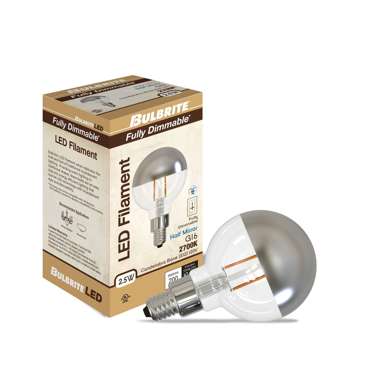 Bulbrite LED Filament 2.5W Dimmable G16 Light Bulb with a Half Mirror Finish and E12 Candelabra Base – 2700K Warm White Light, 200 Lumens, 4-Pack