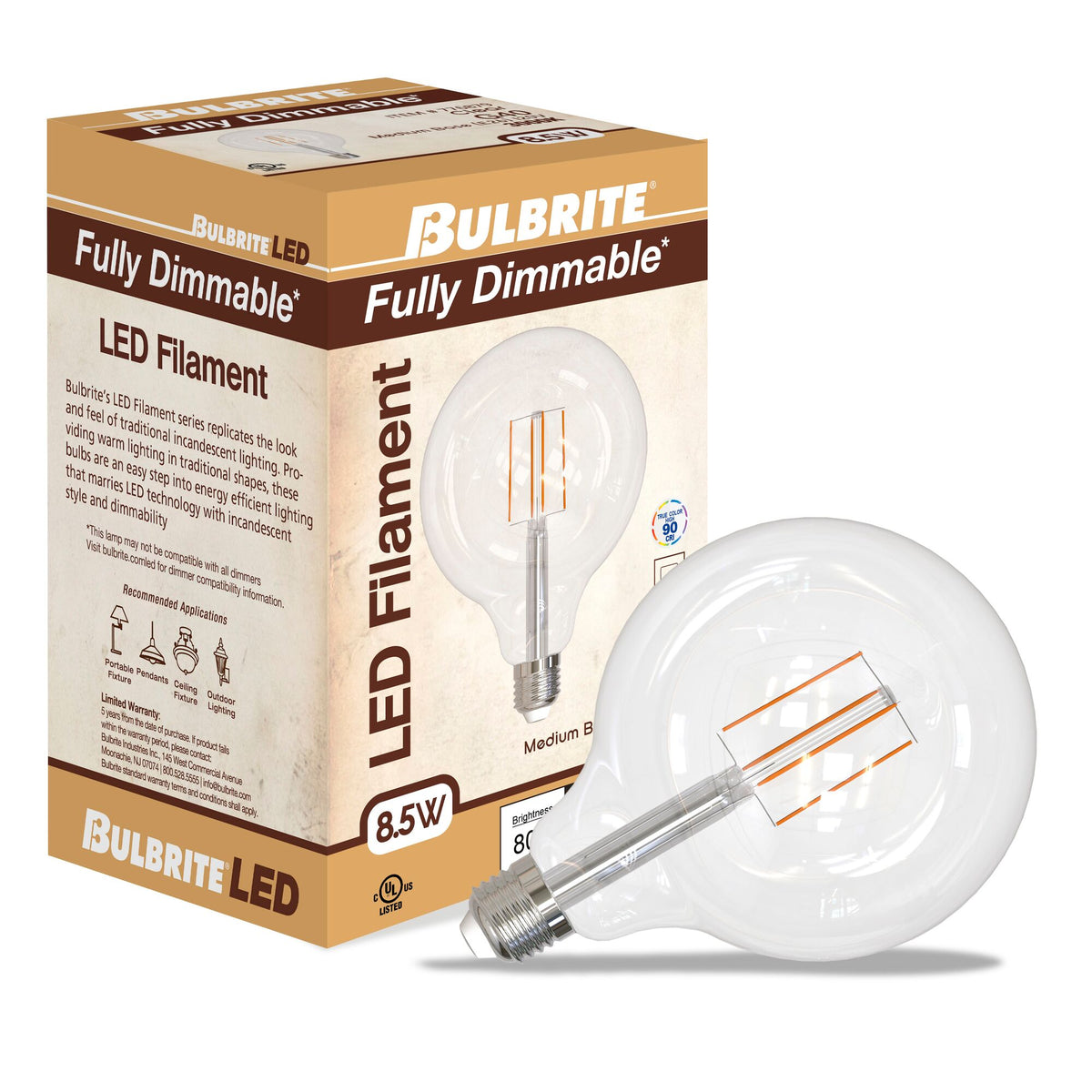 Bulbrite LED Filament 8.5W Dimmable G40 Light Bulb with a Clear Finish and E26 Medium Base – 3000K Soft White Light, 800 Lumens, 2-Pack