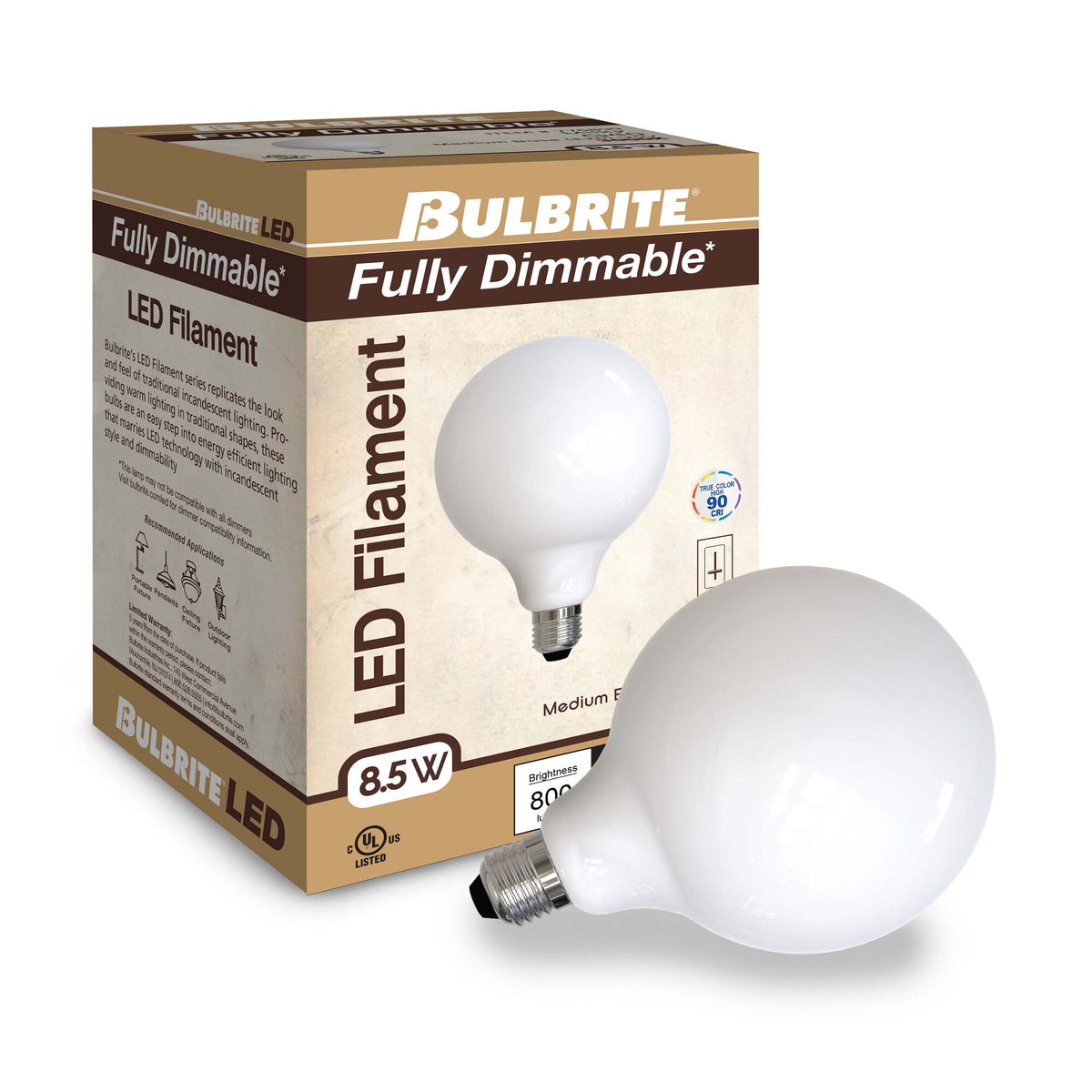 Bulbrite LED 8.5W Dimmable G40 Light Bulb with a Milky Finish and a Medium Screw E26 – 3000K Soft White Light 800 lumens, 4-Pack
