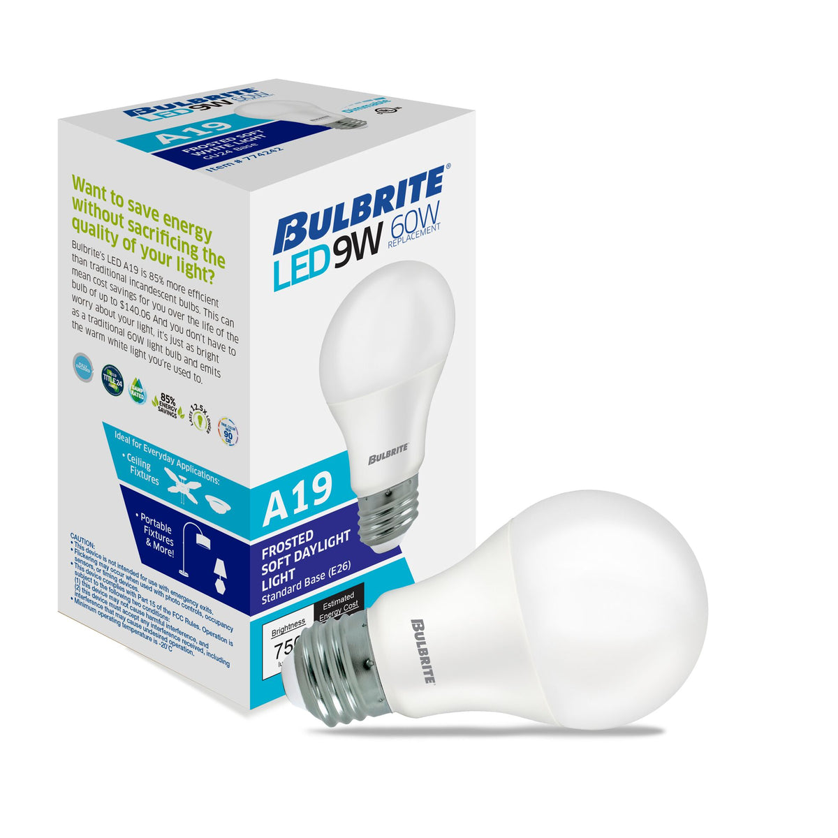 Bulbrite LED Filament 9W Non – Dimmable A19 Light Bulbs with Frost Finish and E26 Medium Base – 5000K Soft Daylight Light, 750 Lumens, 8-Pack