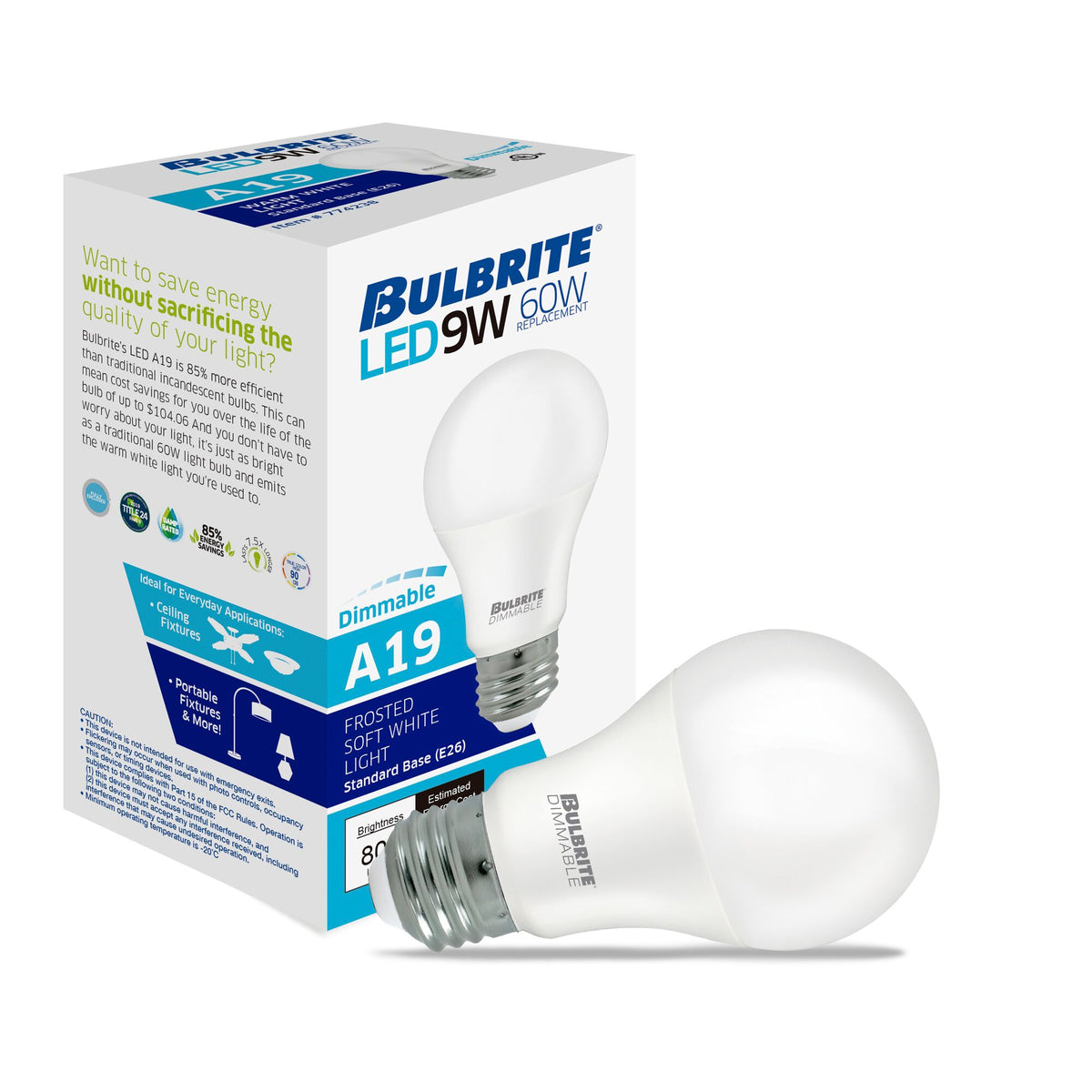 Bulbrite A19 Filament LED Light Bulb, 9W, 60W Equivalent, 2700K, E26 Base, Frost Finish, Dimmable, 4-Pack