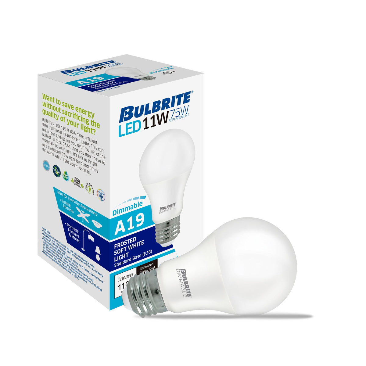 Bulbrite 11W Dimmable Frost A19 LED Light Bulbs with E26 Medium Base, 3000K Soft White Light, 1100 Lumens, 4-Pack