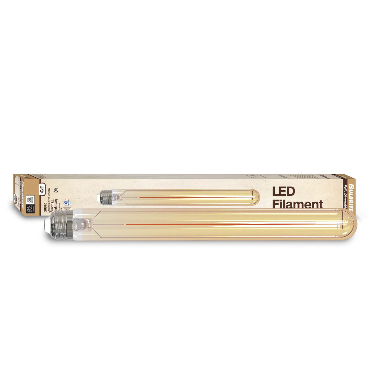 Bulbrite LED Filament 5W Dimmable 11 Inch T9 Light Bulb with Antique Glass Finish and E26 Medium Base – 2100K Amber Light, 300 Lumens, 4-Pack