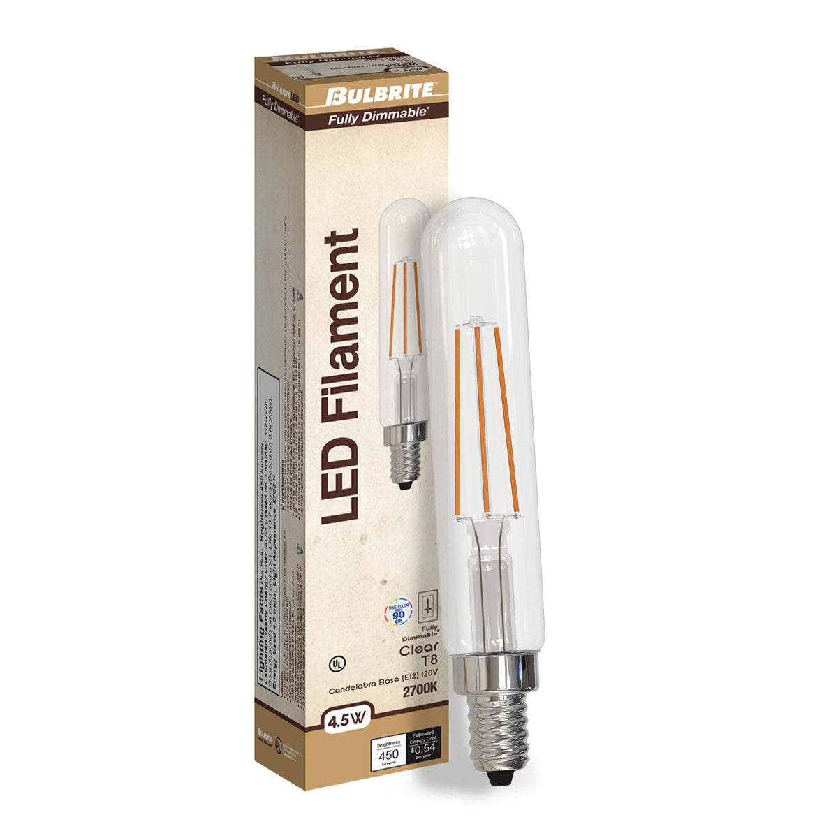 Bulbrite LED 4.5W Dimmable T8 Light Bulb with a Clear Finish and a Candelabra Screw E12 – 2700K Warm White Light 450 lumens, 3-Pack