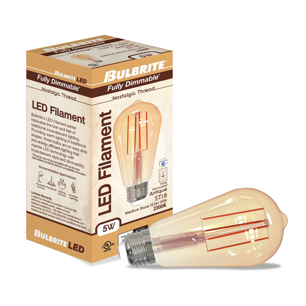 Bulbrite LED Filament 5W Dimmable ST18 Light Bulbs with Antique Glass Finish and E26 Medium Base – 2200K Warm Amber Light, 450 Lumens, 4-Pack